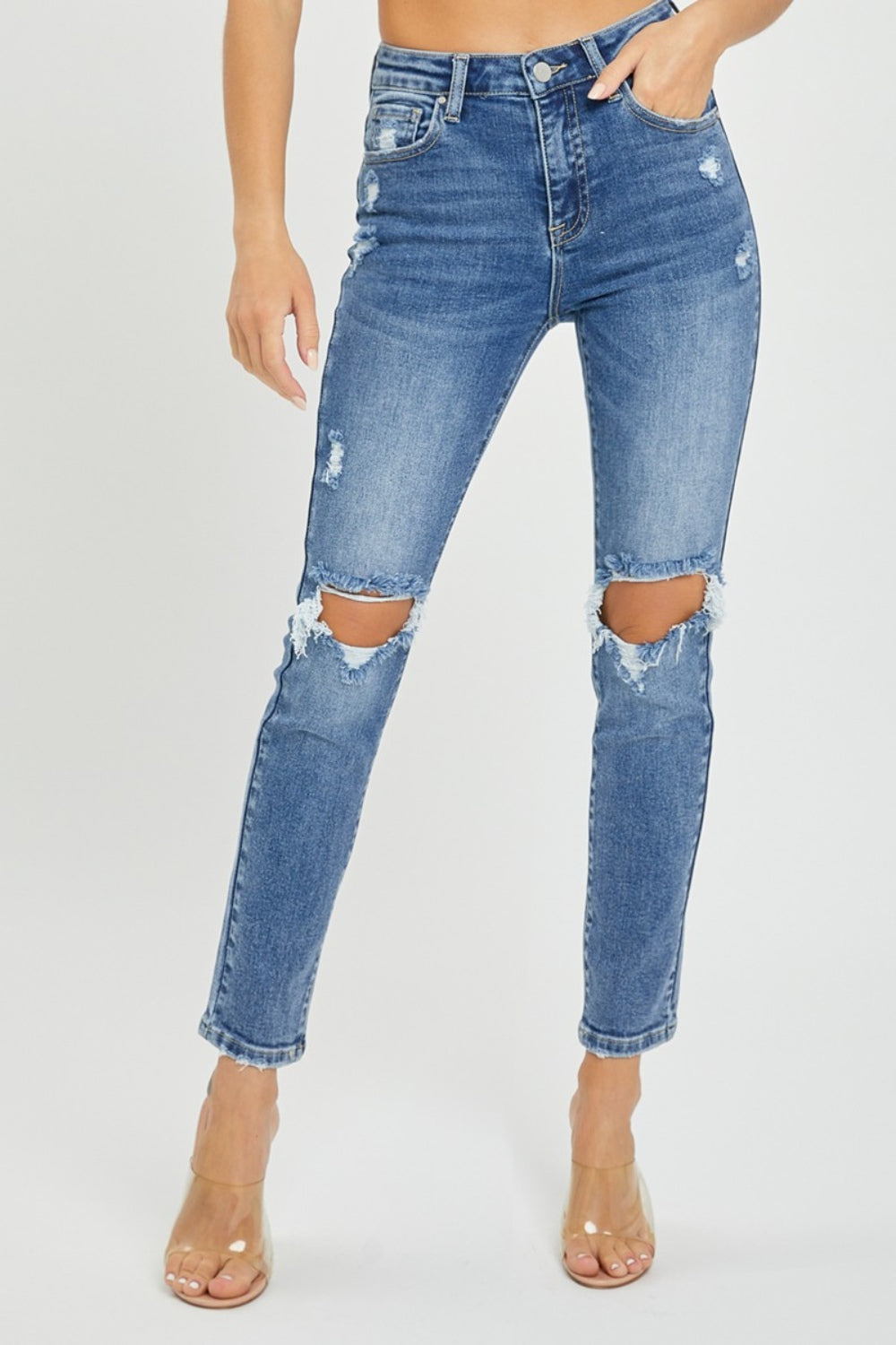 The 1940's Straight High Rise Knee Distressed Skinny Jeans