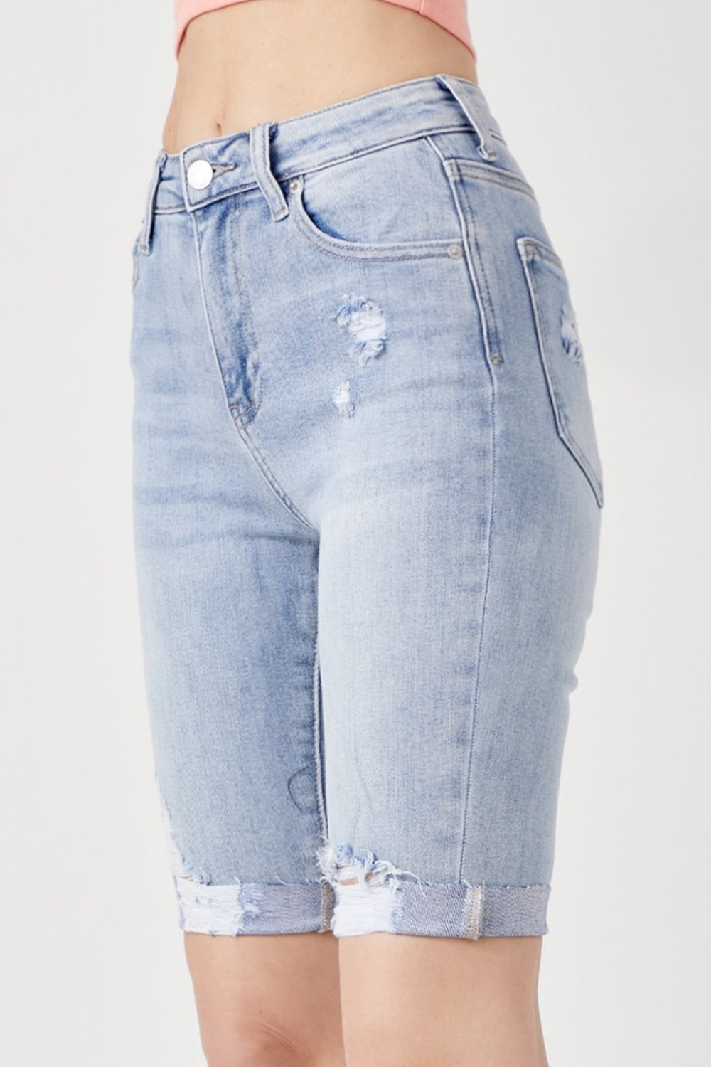 Sapphire Bloom Distressed Denim Bermuda Shorts