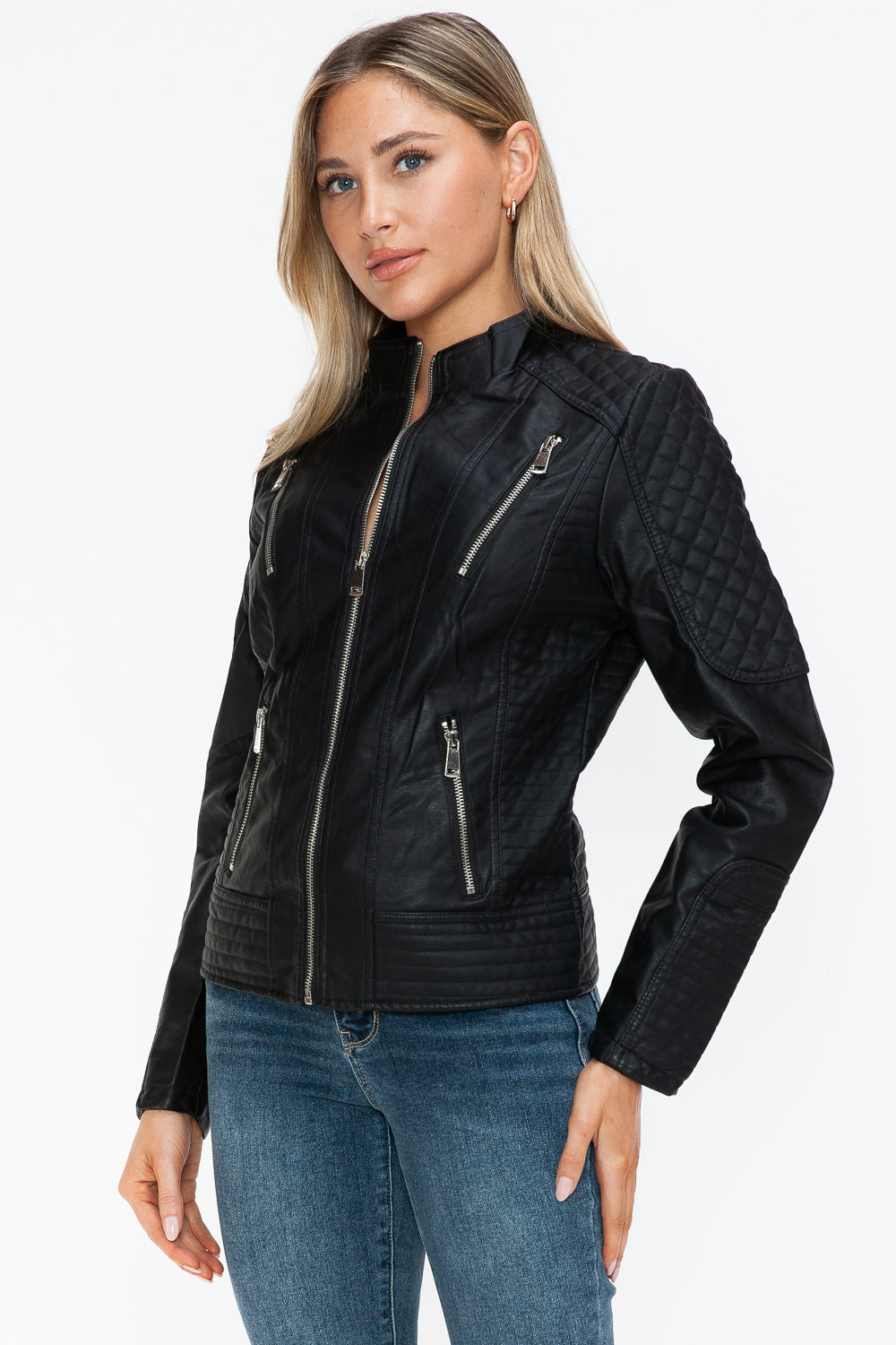 Leather Zip Up Mock Neck Jacket