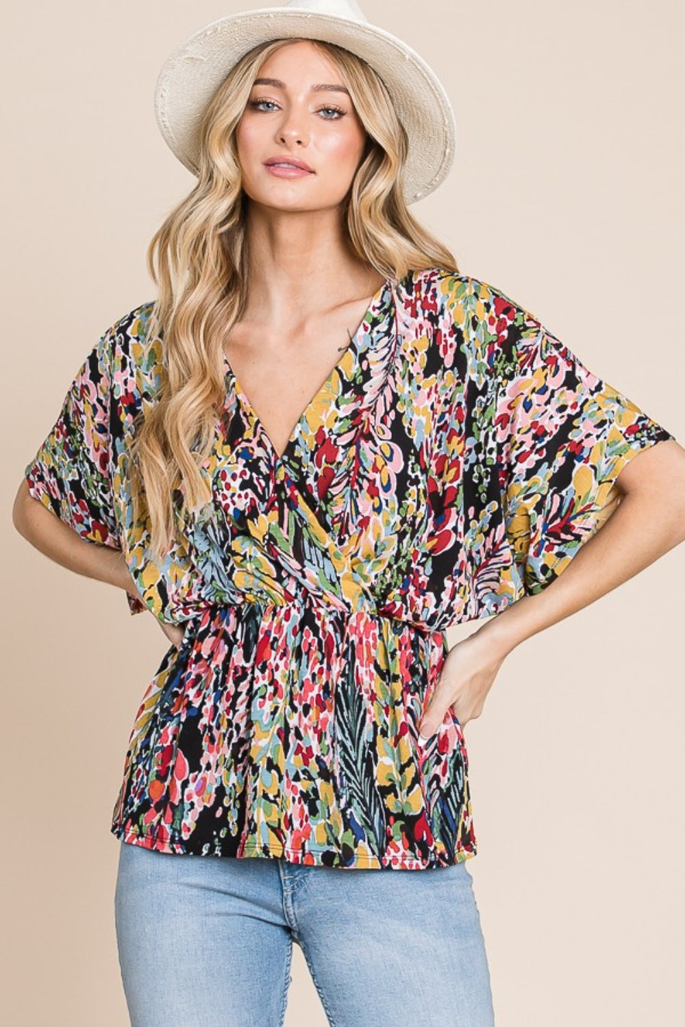 Sans Printed Surplice Peplum Blouse