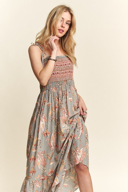 Cupid's Arrow Smocked Printed Square Neck Tie Shoulder Cami Dress