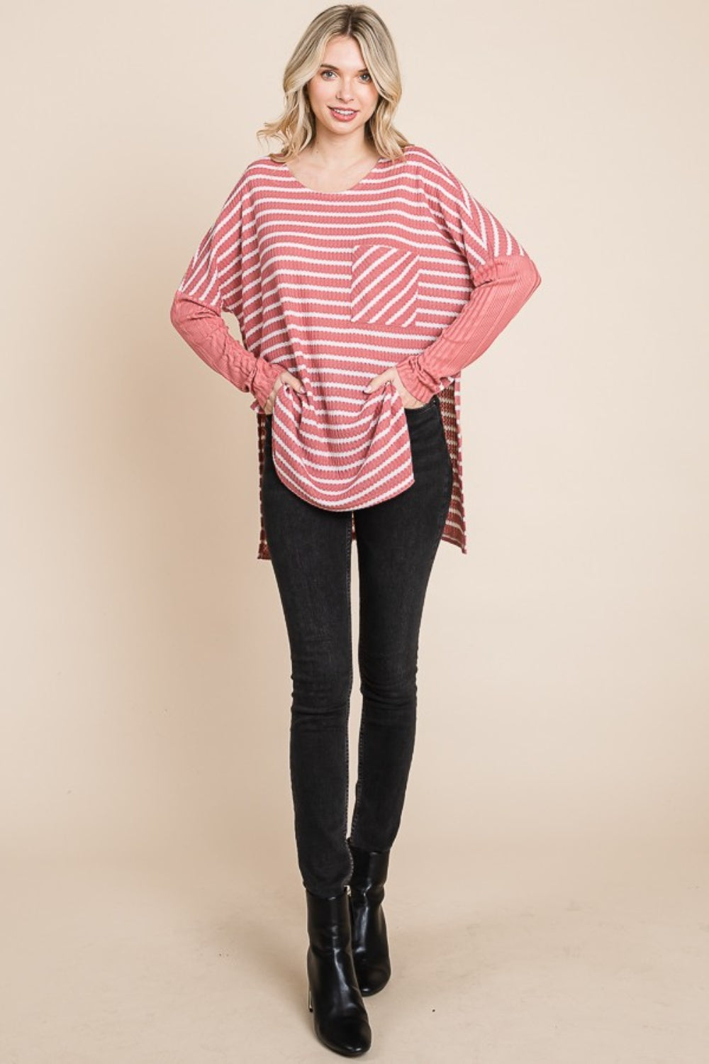 Sans Oversize Striped Round Neck Long Sleeve Slit T-Shirt