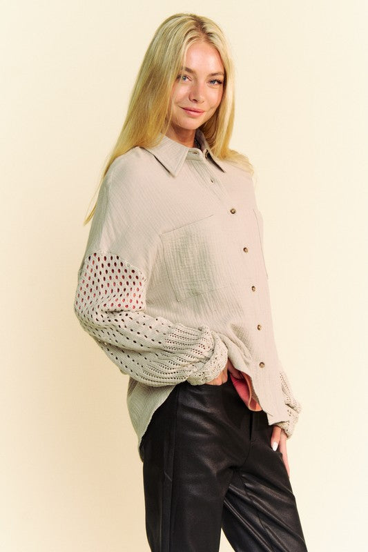 The Must-Have Crochet Sleeve Crinkled Texture Shirt