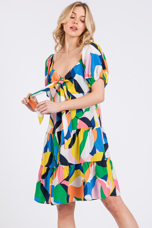 Heart's Desire Abstract Print Sweetheart Neck Puff Sleeve Dress