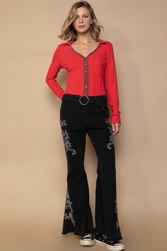 Optima Raw Hem Embroidered Flare Pants