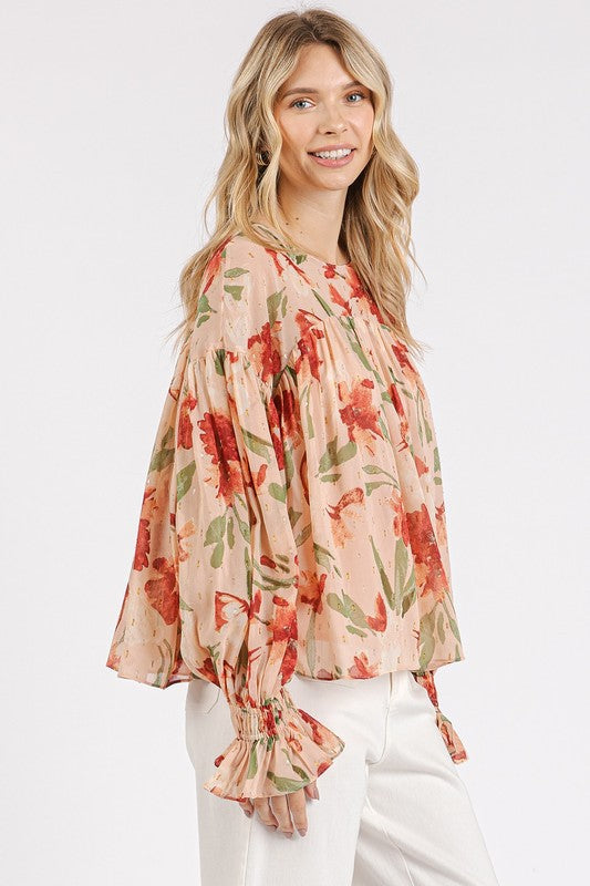 Twirl & Twirl Floral Round Neck Flounce Sleeve Blouse