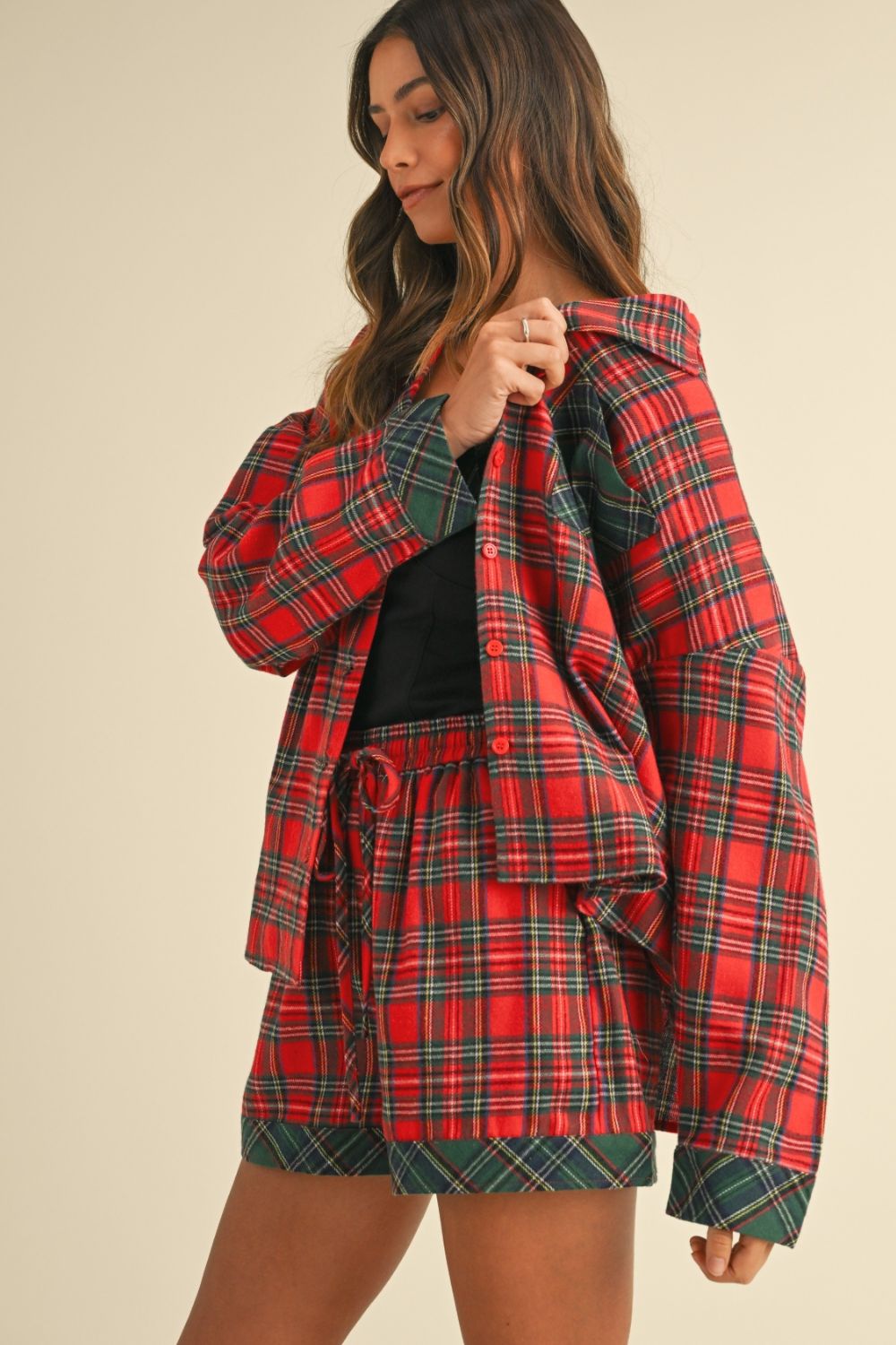 Sansplay Luxe Two-Piece Contrast Plaid Long Sleeve Top and Shorts Set