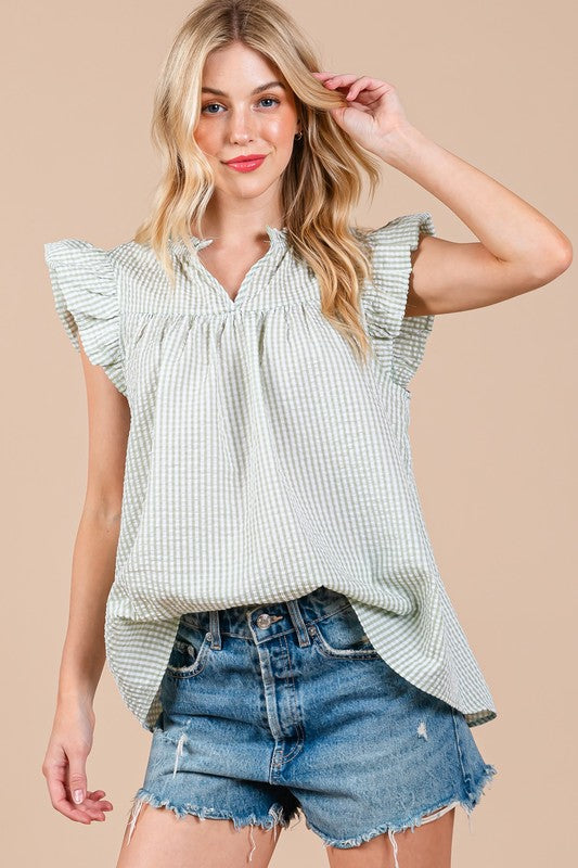 Serendipity Plaid Notched Ruffled Cap Sleeve Blouse