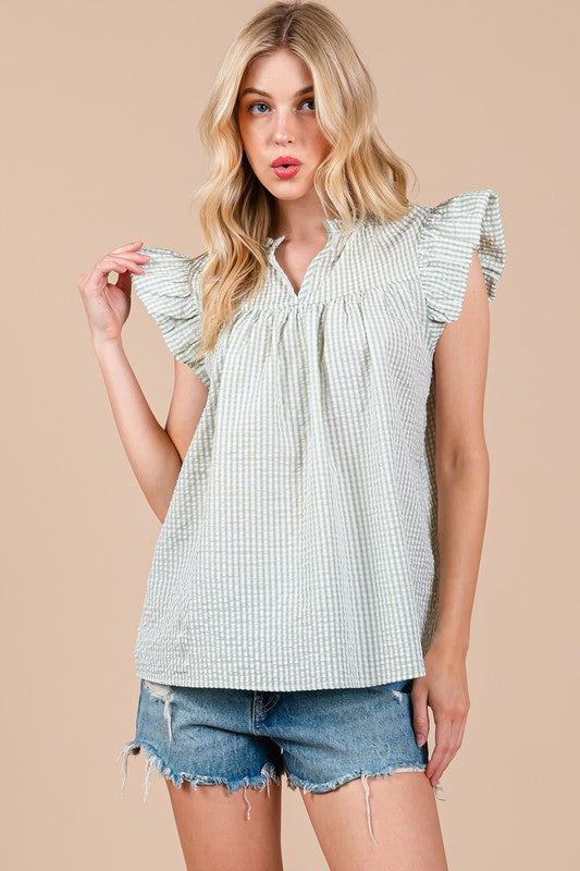 Serendipity Plaid Notched Ruffled Cap Sleeve Blouse