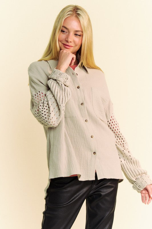 The Must-Have Crochet Sleeve Crinkled Texture Shirt