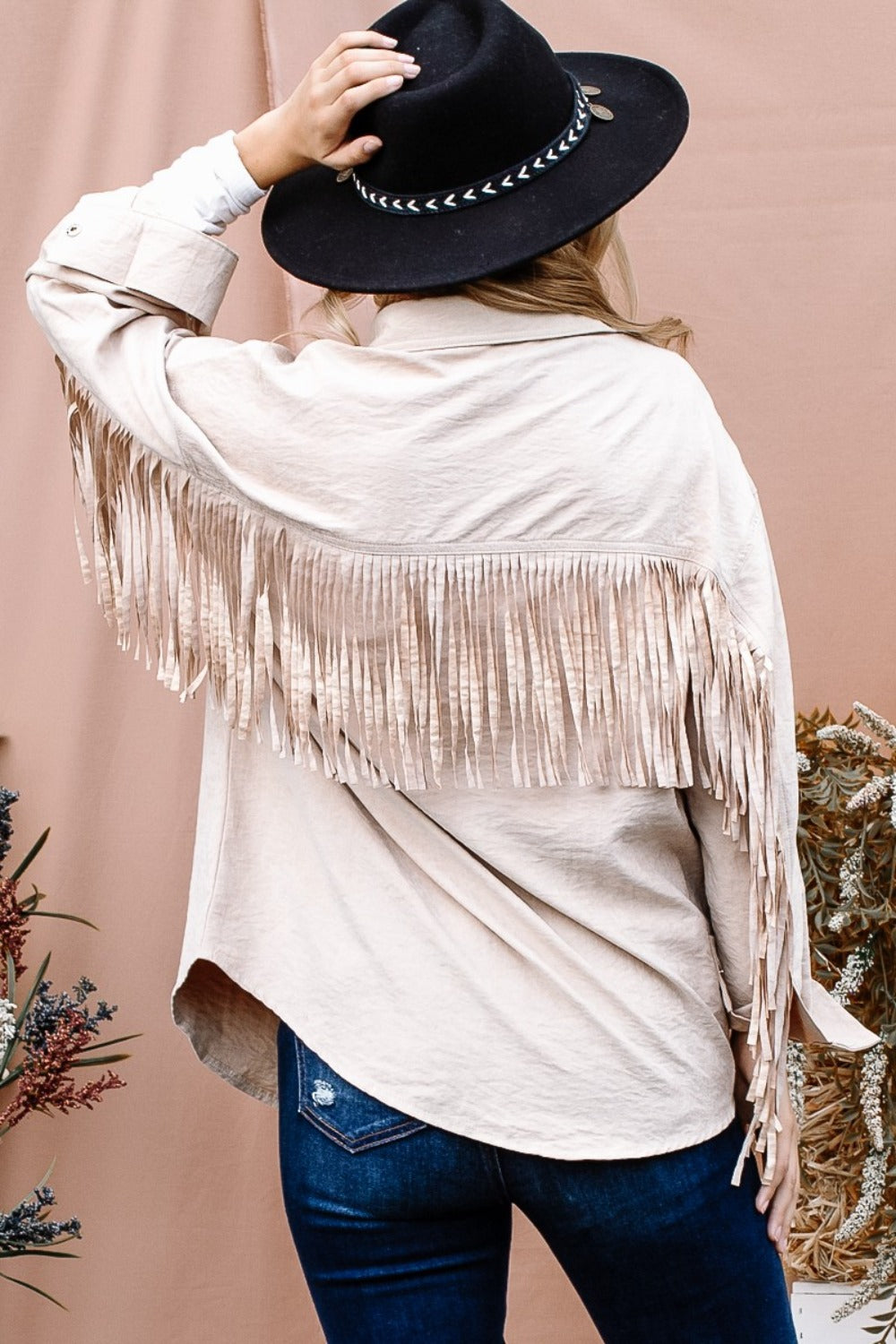 The Cashmere Dream Full Size Fringe Back Detailed Button Down Shacket