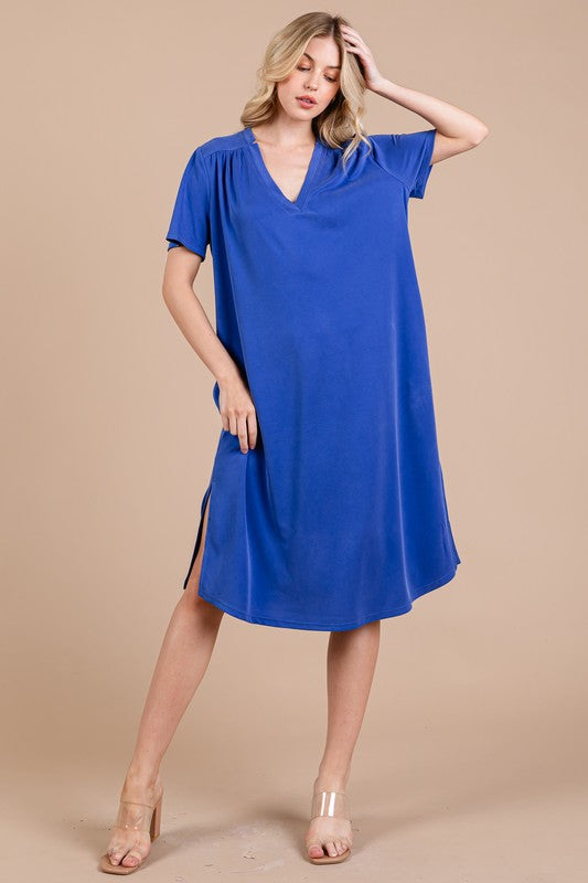 Heart's Desire Side Slit Short Sleeve Midi Dress with Pockets