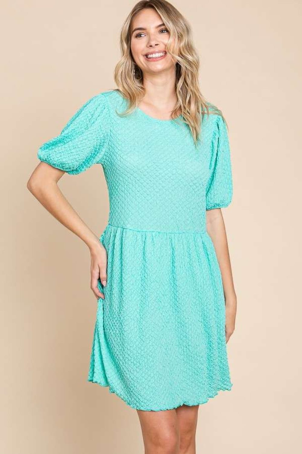 SKY BLUE Textured Round Neck Puff Sleeve Dress