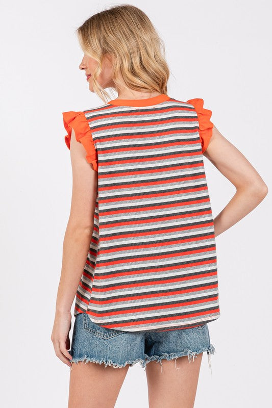 Urban Romance Striped Round Neck Ruffled Cap Sleeve Top
