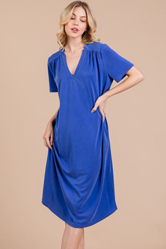 Heart's Desire Side Slit Short Sleeve Midi Dress with Pockets