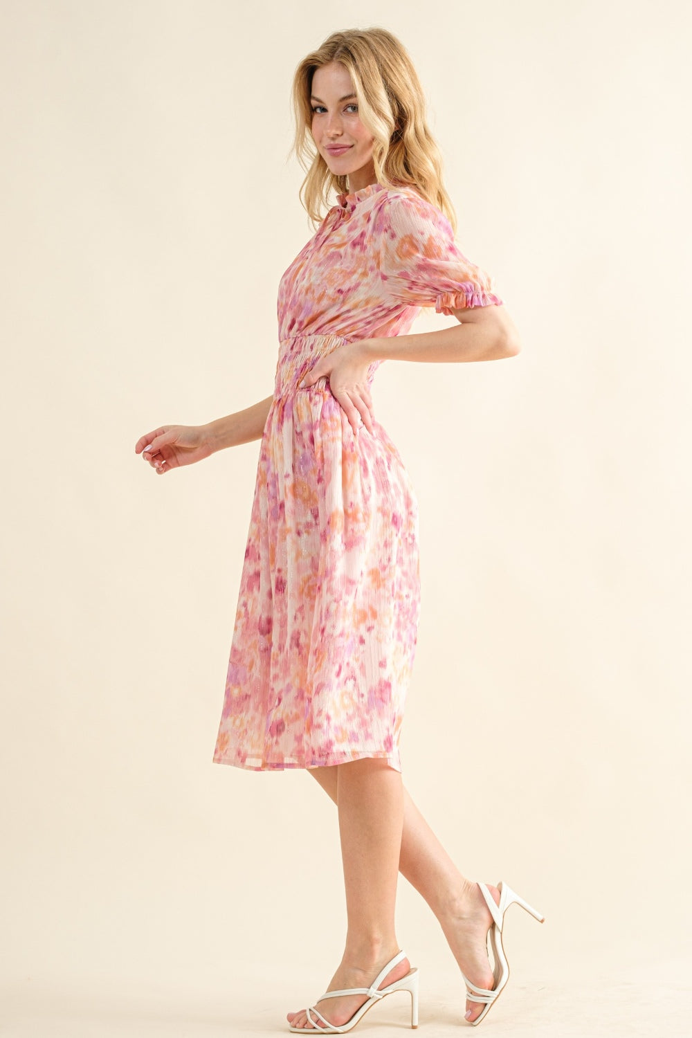 The Golden Hour Smocked Waist Printed Midi Dress