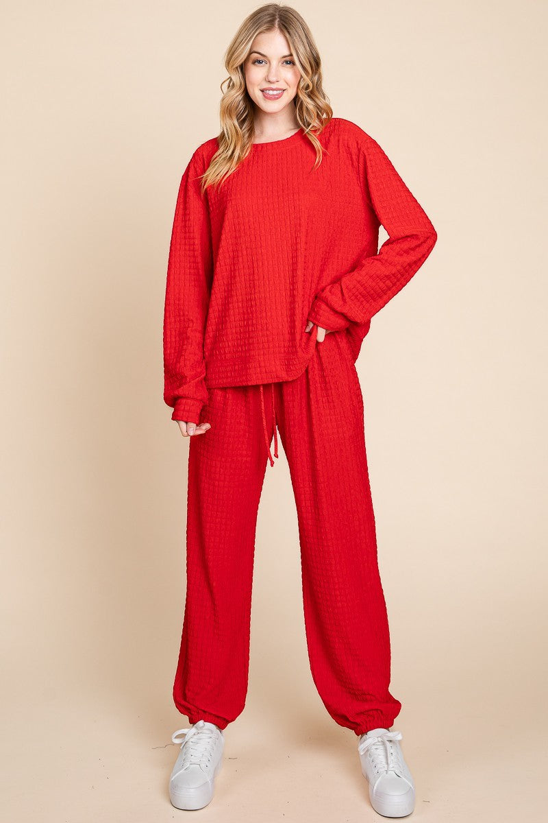 Sansplay Luxe Two-Piece Crinkle Check Round Neck Top and Pants Lounge Set