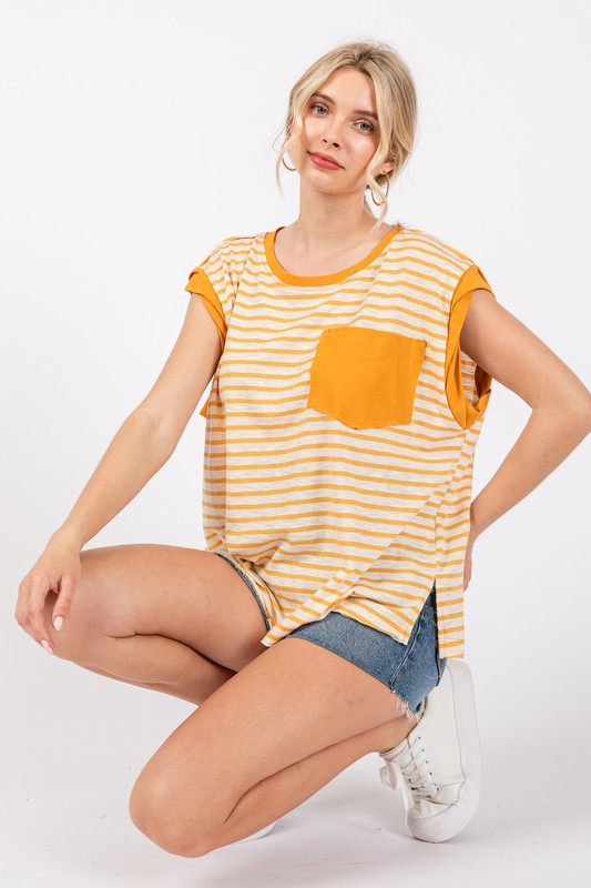 Twirl & Twirl Side Slit Striped Cap Sleeve T-Shirt