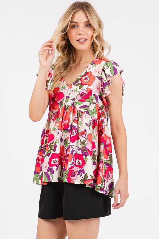 Urban Romance Floral V-Neck Ruffled Cap Sleeve Blouse