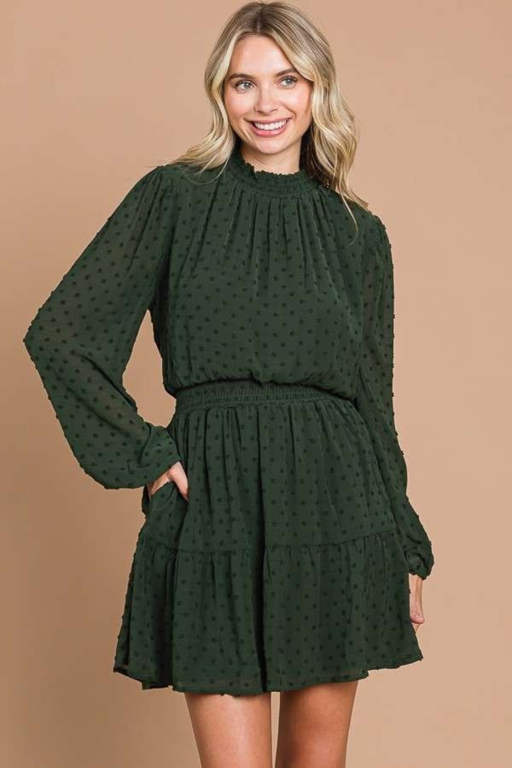 Dot Smock Neck Mini Dress with Pockets