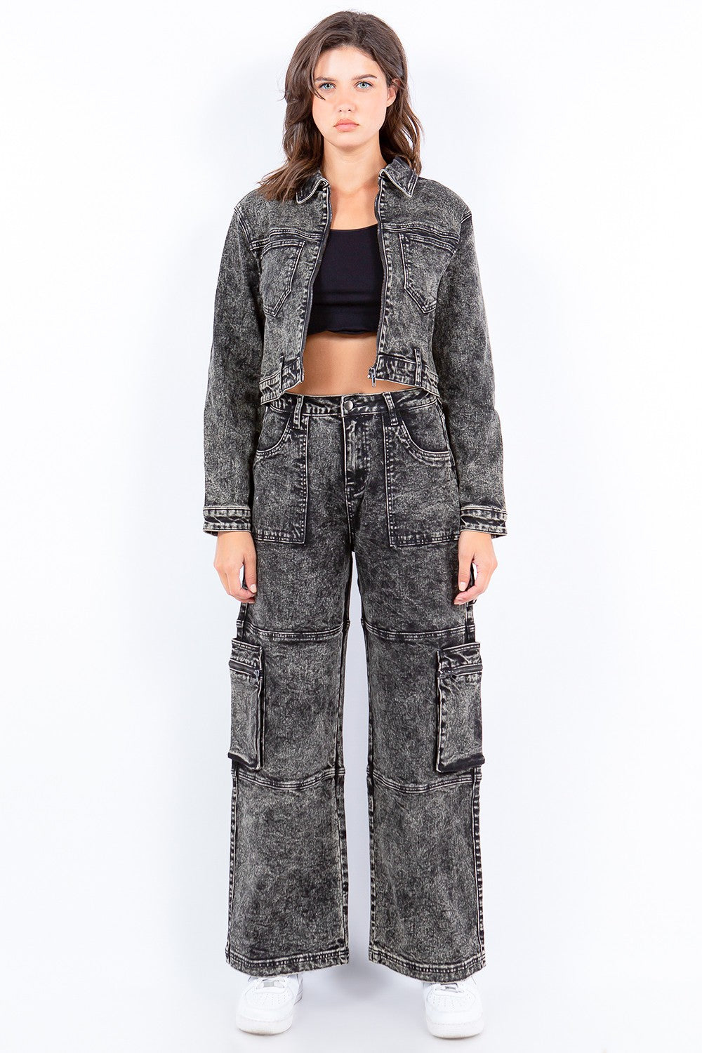 Sansplay Overdyed Bleached Zip Up Cropped Jacket