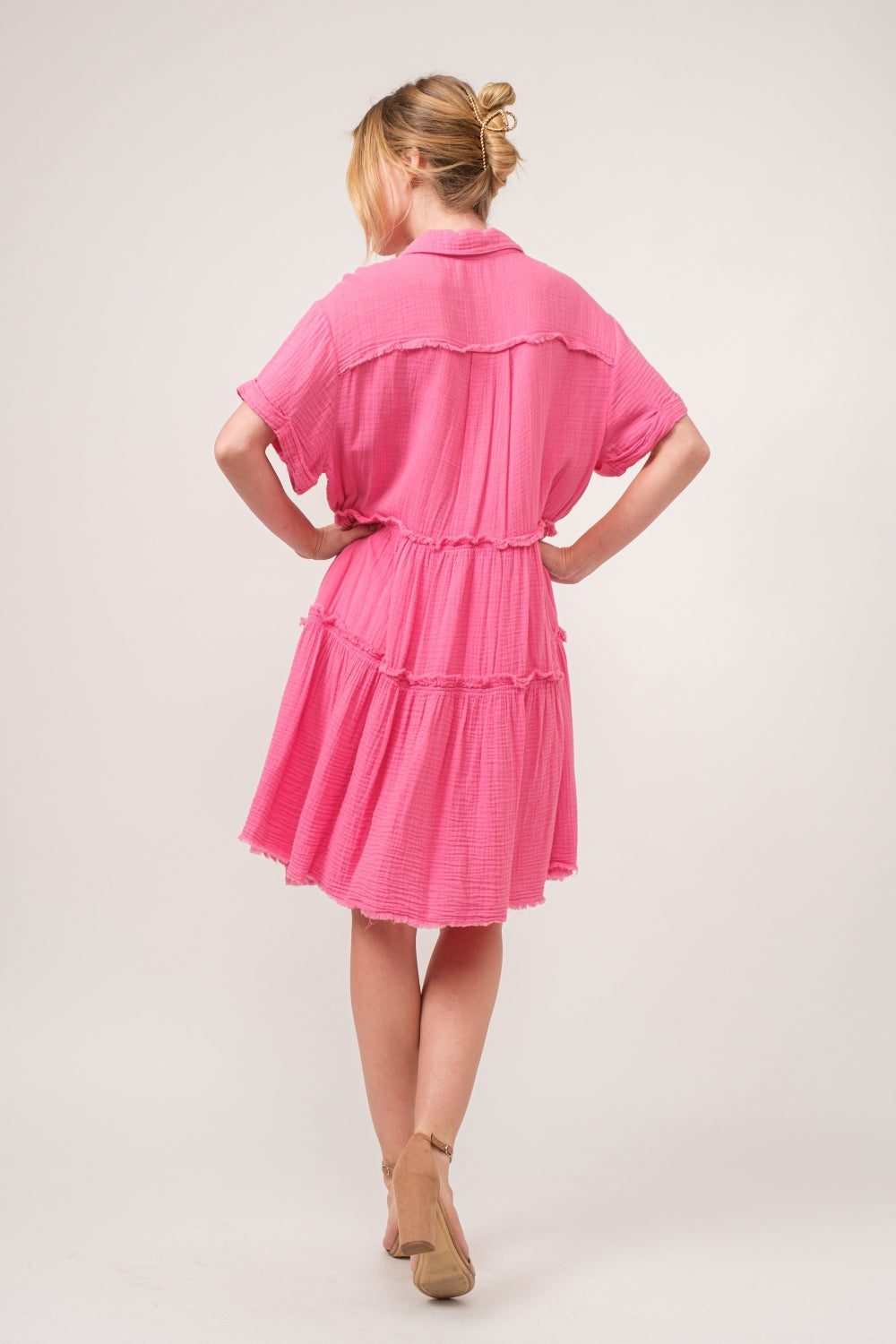 Evoke Mini PINK Raw Edge Washed Tiered Shirt Dress