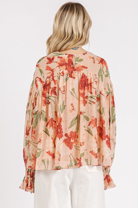 Twirl & Twirl Floral Round Neck Flounce Sleeve Blouse