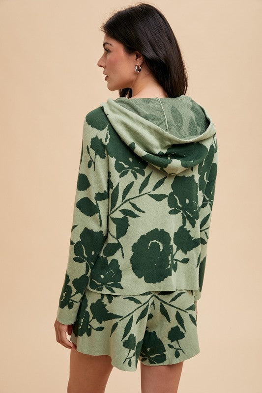 Sansplay Luxe Two-Piece Flower Pattern Drawstring Hooded Top and Shorts Sweater Set