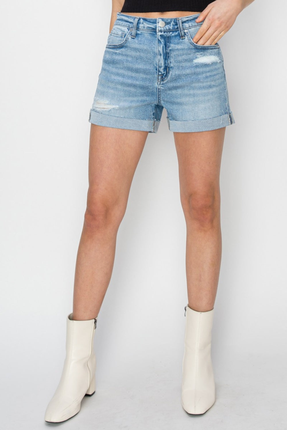 Sapphire Bloom Distressed Mid-Rise Waist Denim Shorts