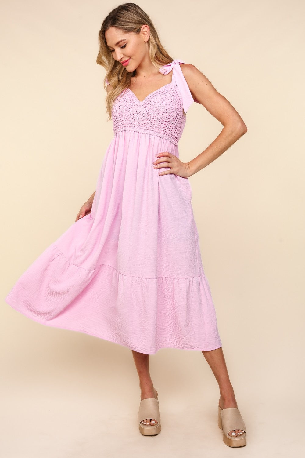Aura of Elegance Crochet Lace Ruffle Hem Cami Midi Dress