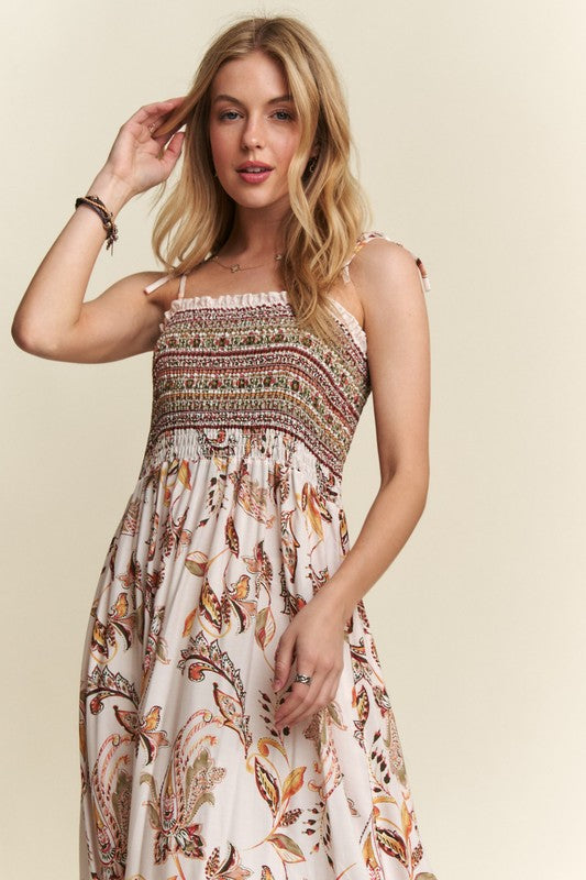 Heart's Desire Smocked Printed Square Neck Tie Shoulder Cami Dress