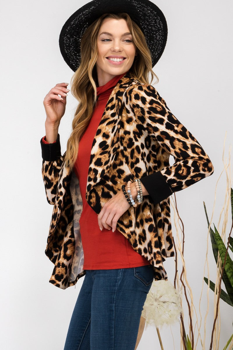 Sansplay Tailored Blazer Leopard Open Front Long Sleeve Blazer