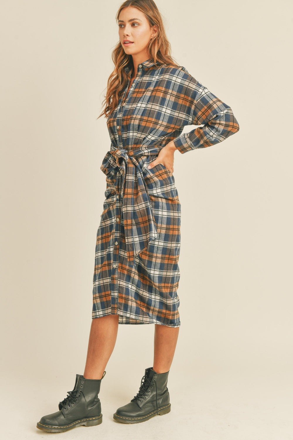Sans Plaid Flannel Front Tie Button Down Shirt Dress