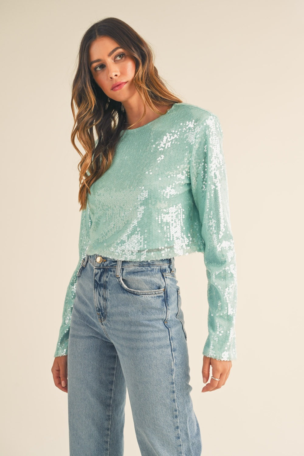 The Midnight Bloom Shoulder Padded Sequin Crop Top