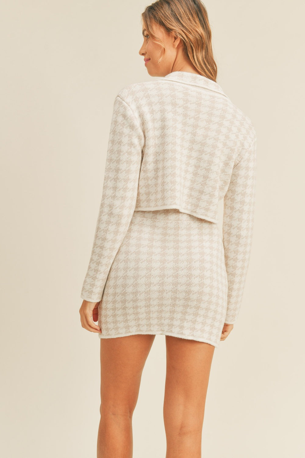 Handmade Houndstooth Cropped Knit Cardigan and Mini Skirt Set