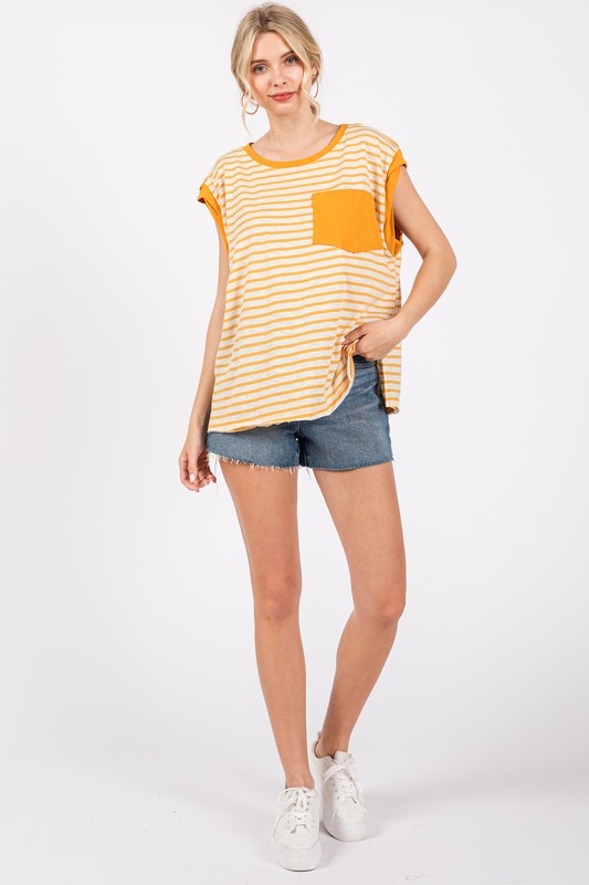 Twirl & Twirl Side Slit Striped Cap Sleeve T-Shirt
