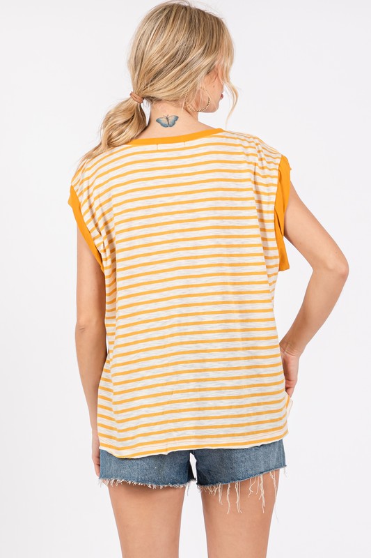 Twirl & Twirl Side Slit Striped Cap Sleeve T-Shirt