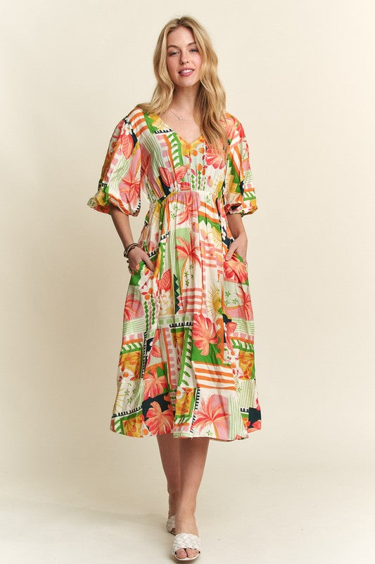 Enchanted Eve Floral V-Neck Puff Sleeve Midi Dress