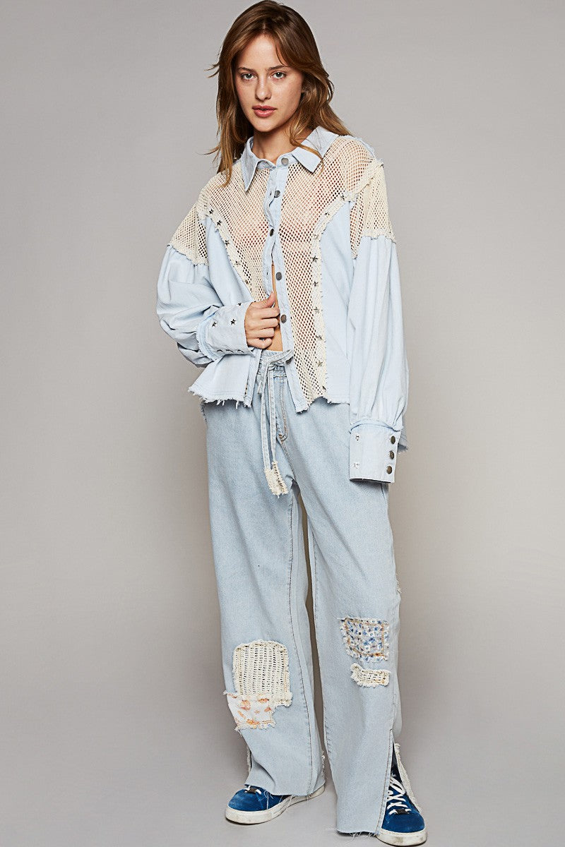 The Epitome Crochet Contrast Button Down Star Studs Shirt