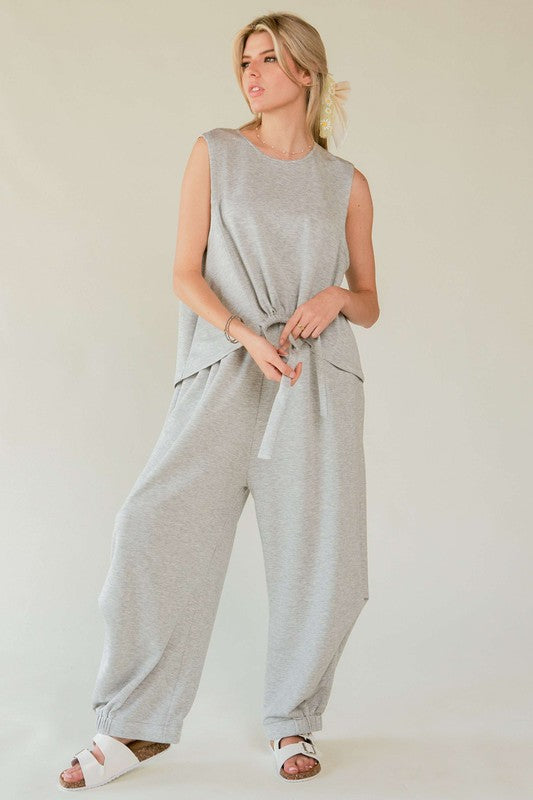 Sansplay Designer Set Drawstring Hem Round Neck Tank and Pants Set