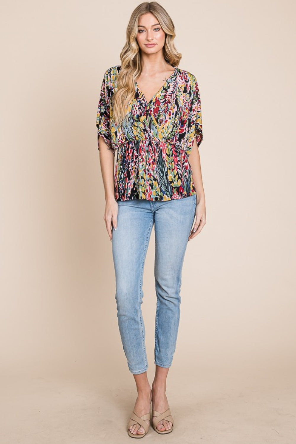 Sans Printed Surplice Peplum Blouse