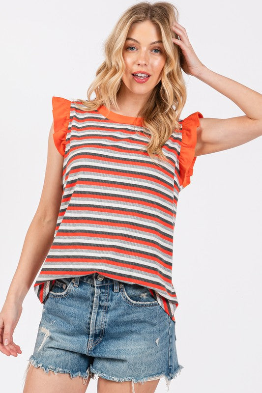 Urban Romance Striped Round Neck Ruffled Cap Sleeve Top