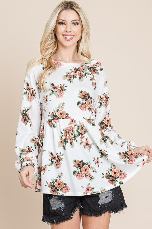 SANSY Babydoll Floral Boat Neck Long Sleeve Blouse