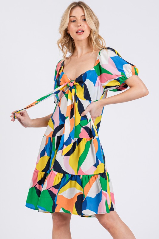 Heart's Desire Abstract Print Sweetheart Neck Puff Sleeve Dress