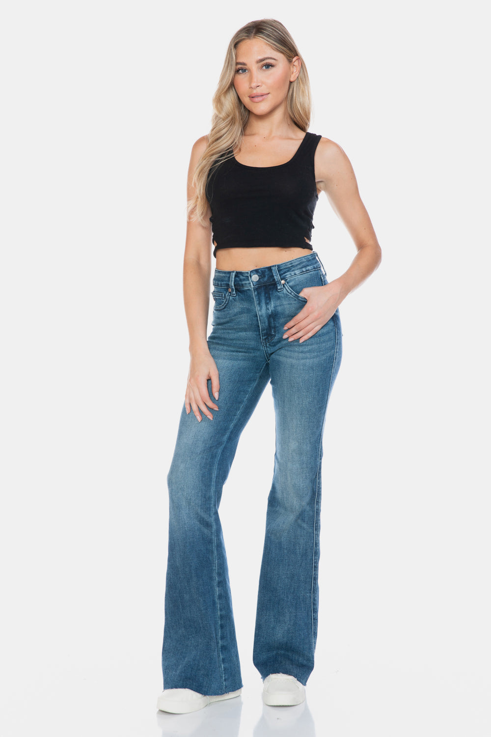 Sans Full Size Tummy Control Cut Hem Flare Jeans