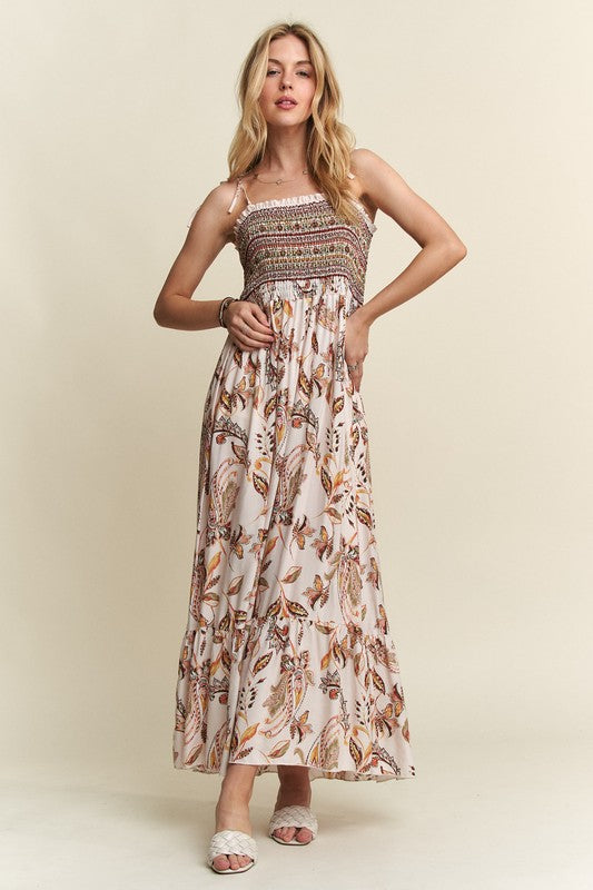 Heart's Desire Smocked Printed Square Neck Tie Shoulder Cami Dress