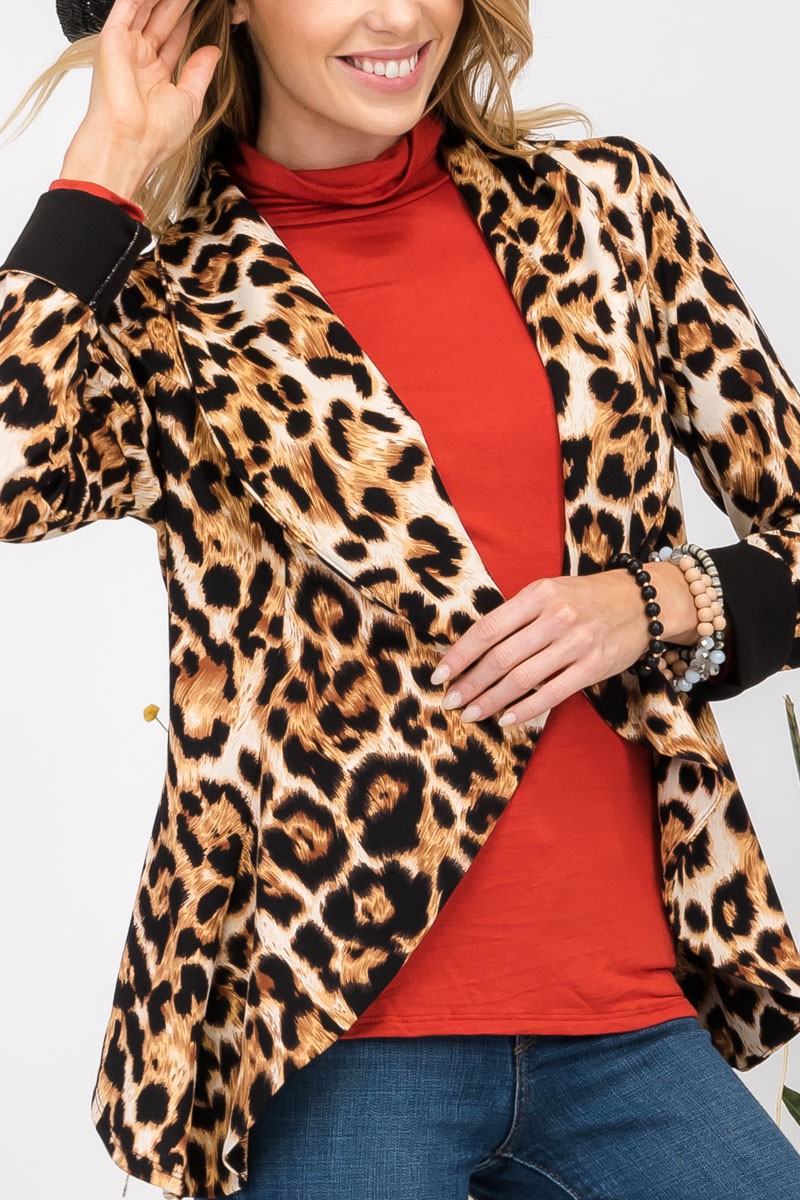 Sansplay Tailored Blazer Leopard Open Front Long Sleeve Blazer