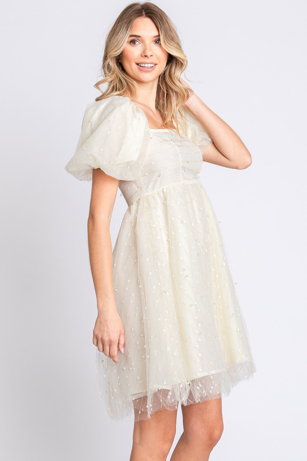 Sansplay Pearl Mesh Puff Sleeve Babydoll Dress