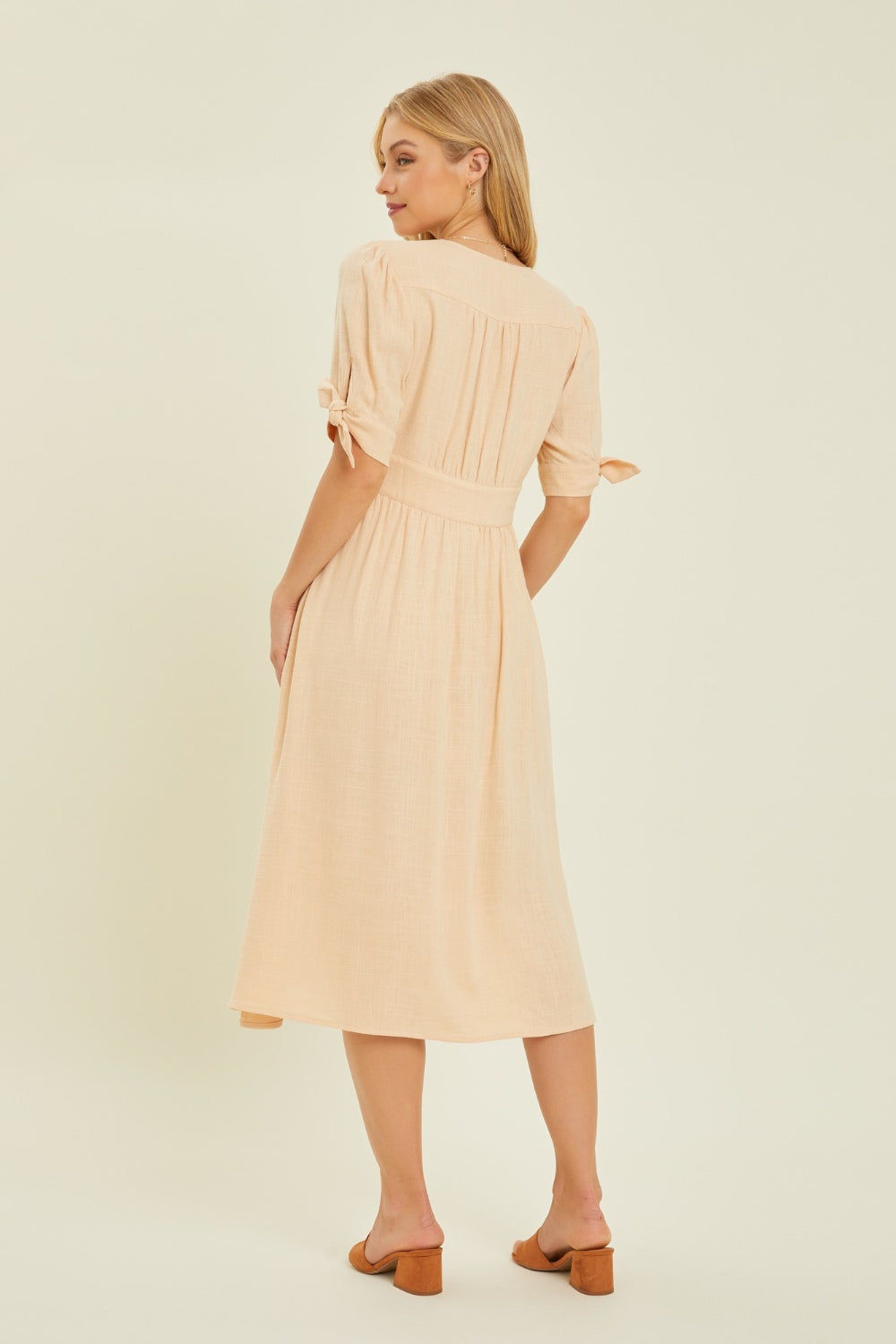 Serene Full Size Textured Linen V-Neck Button-Down Midi Dress