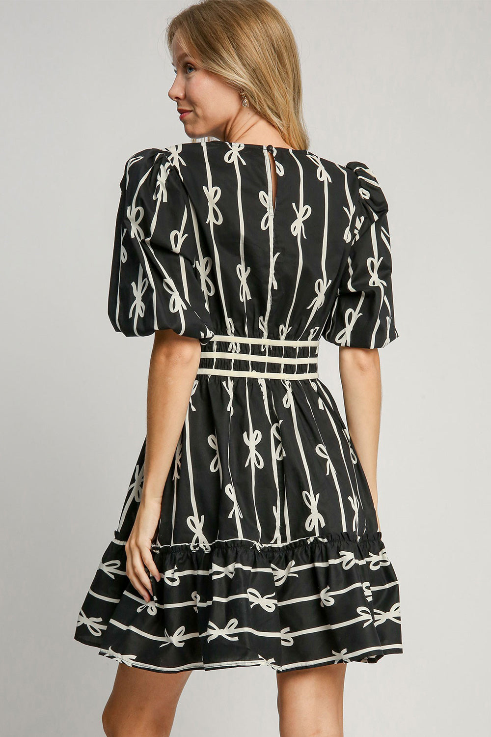 The Midnight Bloom Ribbon Print Frill Contrast Velvet Trim Half Sleeve Dress